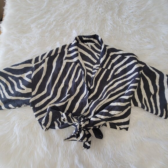 H&M Womens Crop Animal Print Lightweight Blouse Wrap Around Sz M Brown - Picture 5 of 10